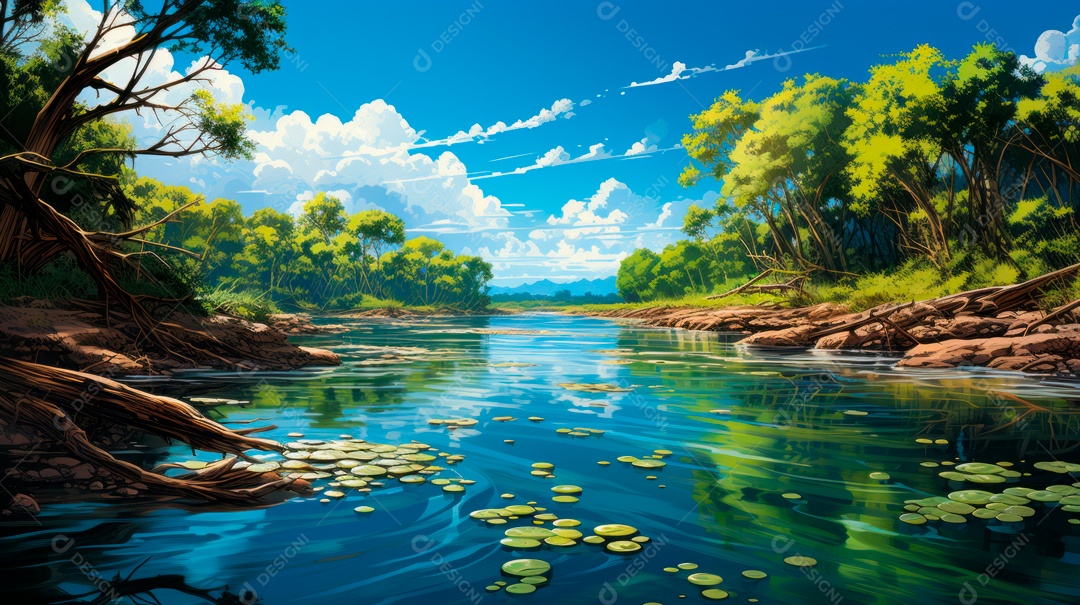 Linda paisagem de floresta ao lado de um lago.