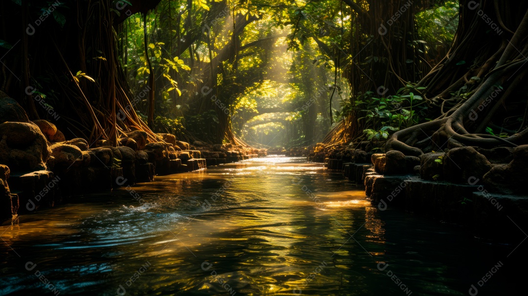 Linda paisagem de floresta ao lado de um lago.