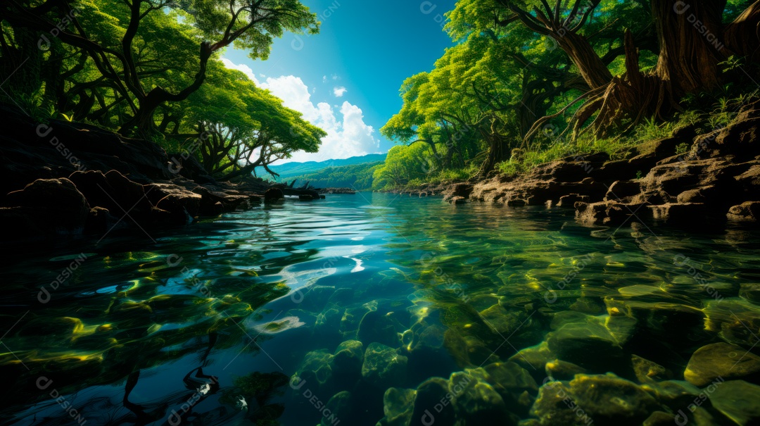 Linda paisagem de floresta ao lado de um lago.