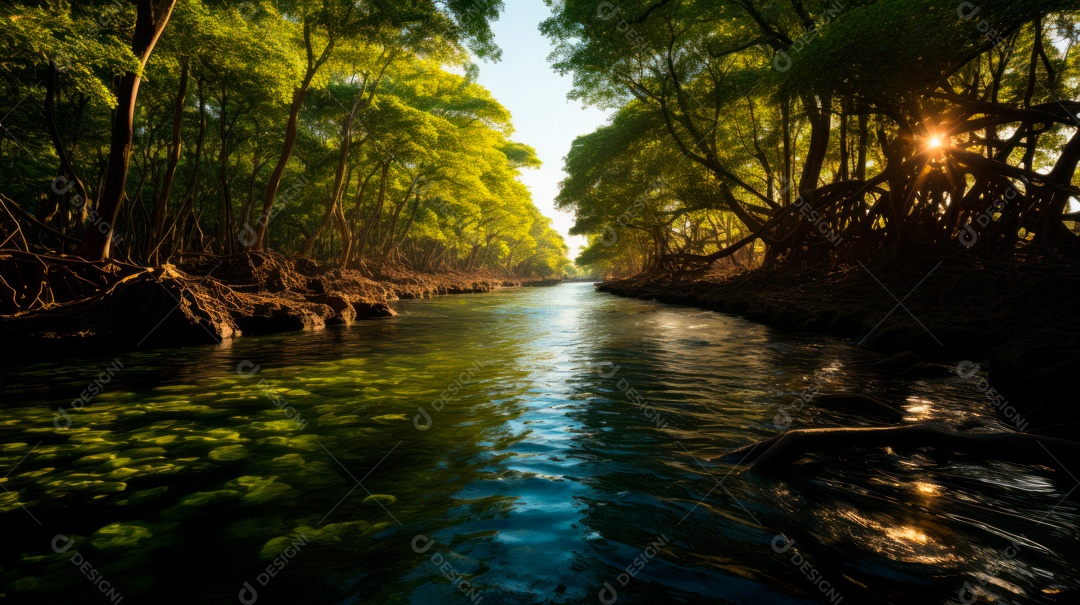 Linda paisagem de floresta ao lado de um lago.