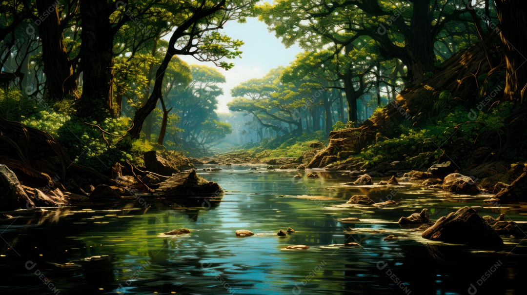 Linda paisagem de floresta ao lado de um lago.