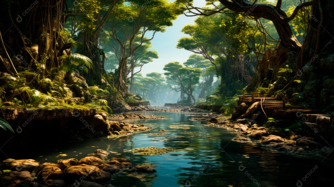 Linda paisagem de floresta ao lado de um lago.