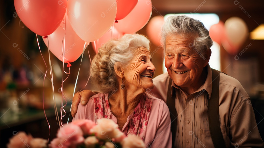 Casal de idosos celebrando festa.