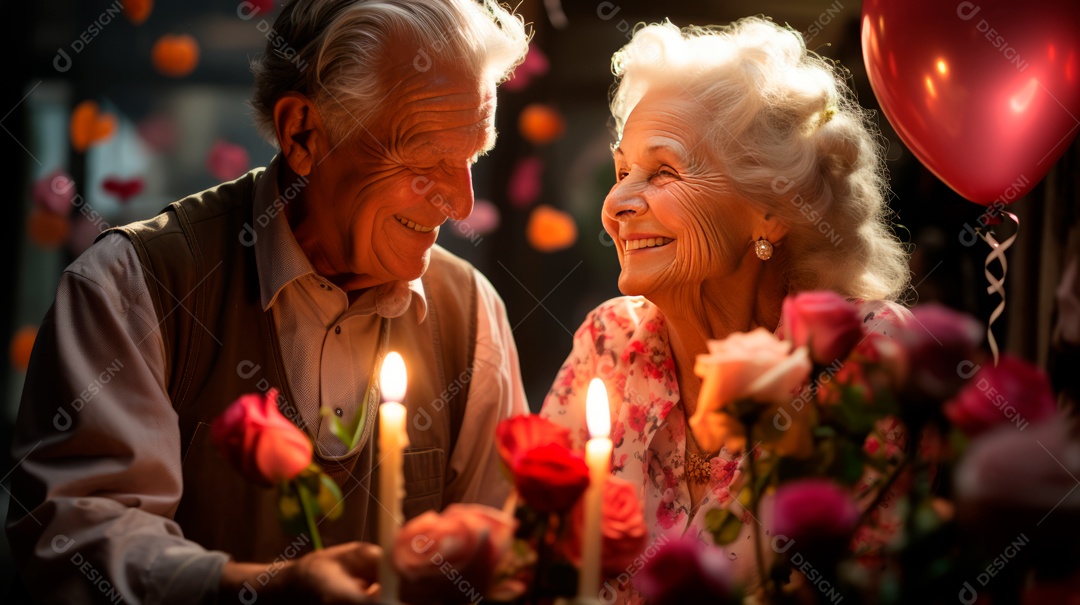 Casal de idosos celebrando festa.