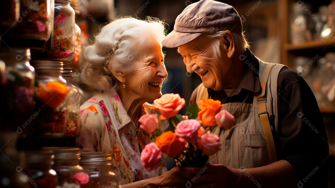 Casal de idosos celebrando festa.