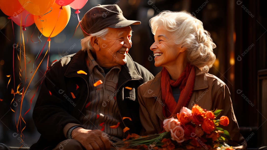 Casal de idosos celebrando festa.