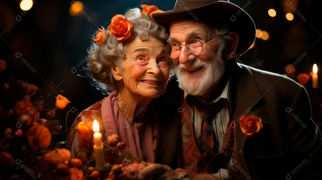 Casal de idosos celebrando festa.