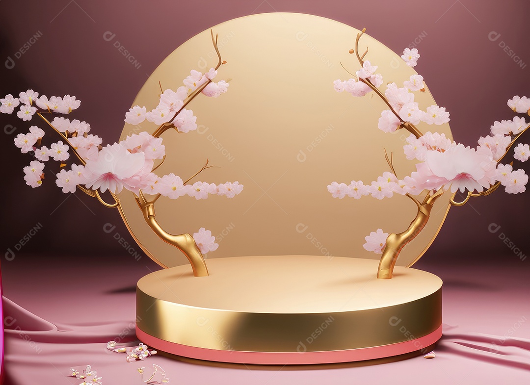 Pódio rosa com fundo de flores