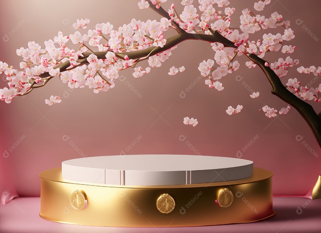 Pódio rosa com fundo de flores