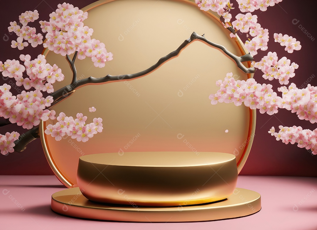 Pódio rosa com fundo de flores