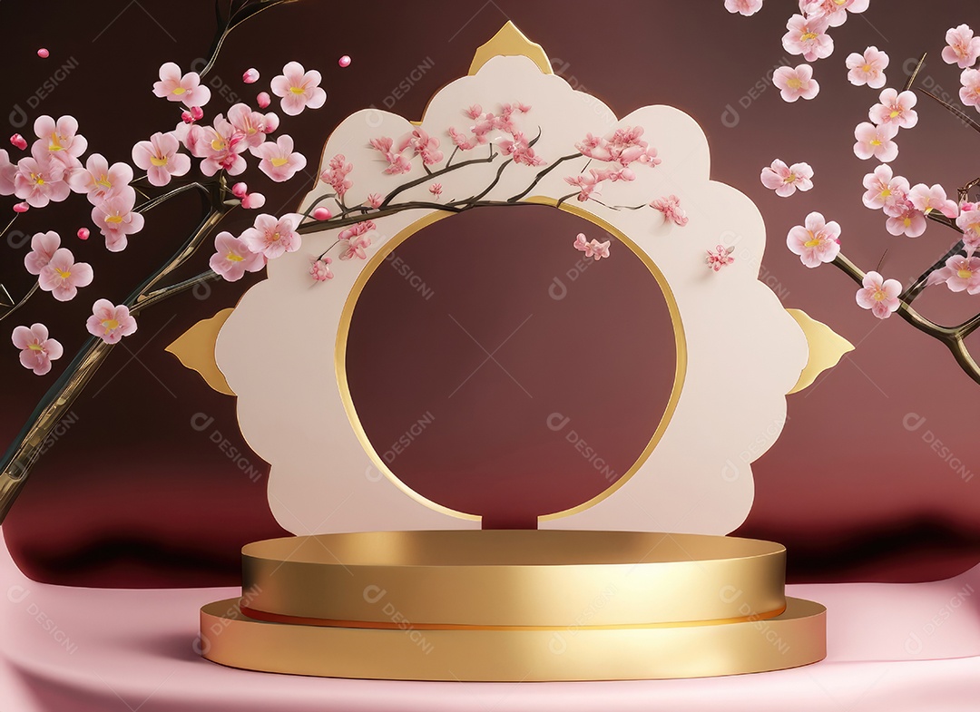 Pódio rosa com fundo de flores