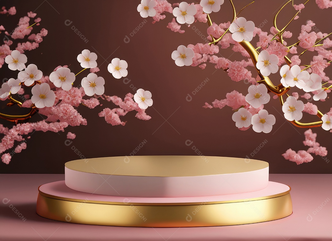 Pódio rosa com fundo de flores