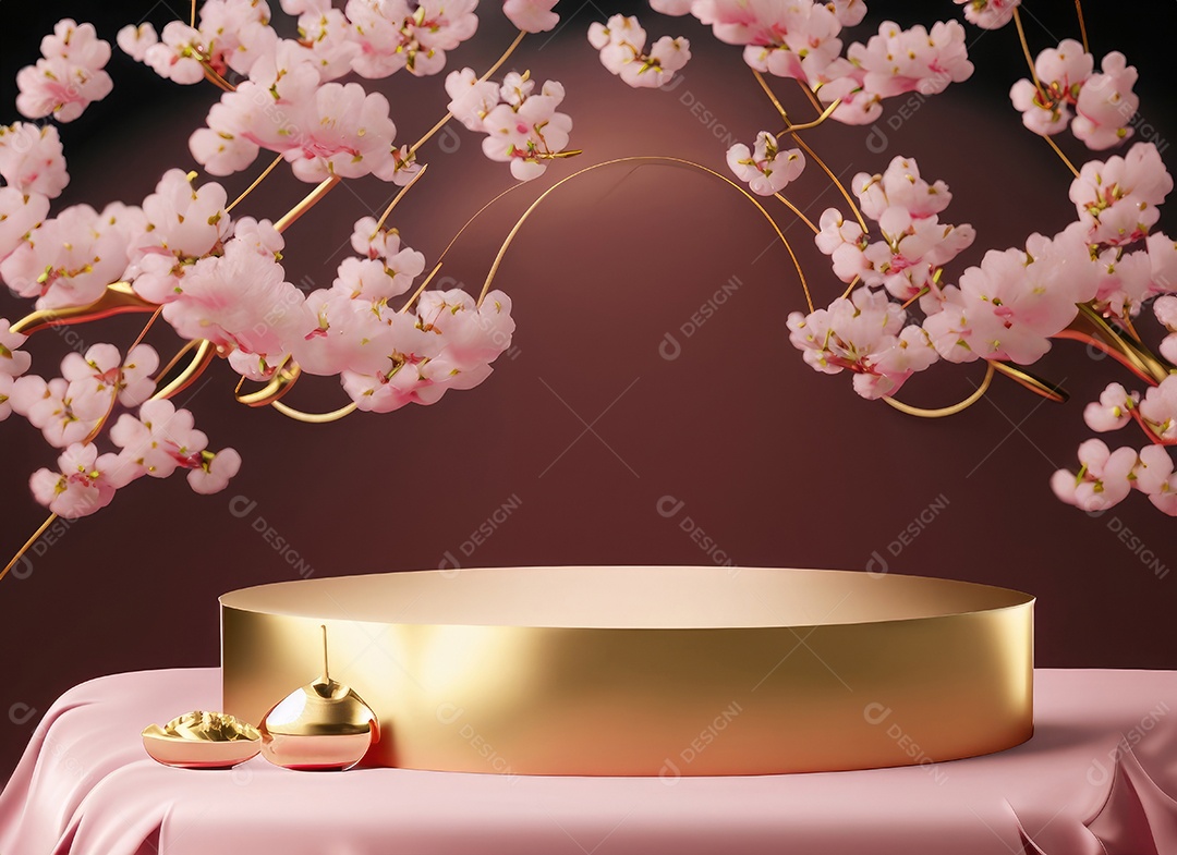 Pódio rosa com fundo de flores