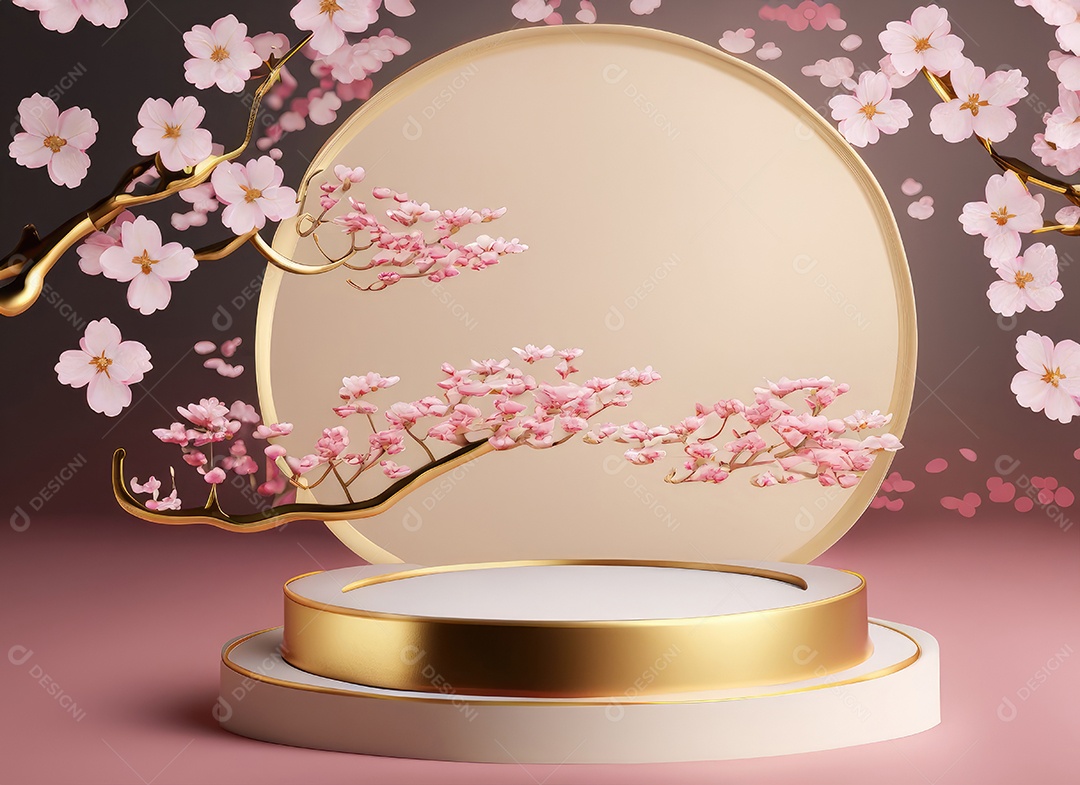 Pódio rosa com fundo de flores