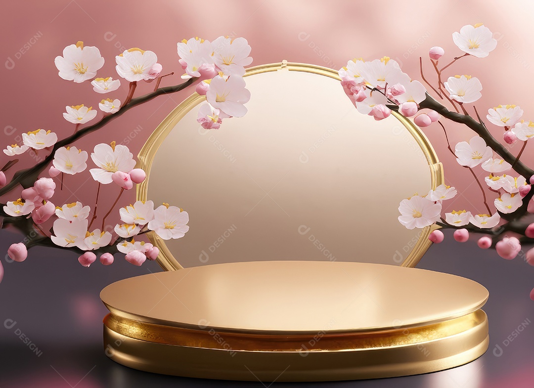 Pódio rosa com fundo de flores