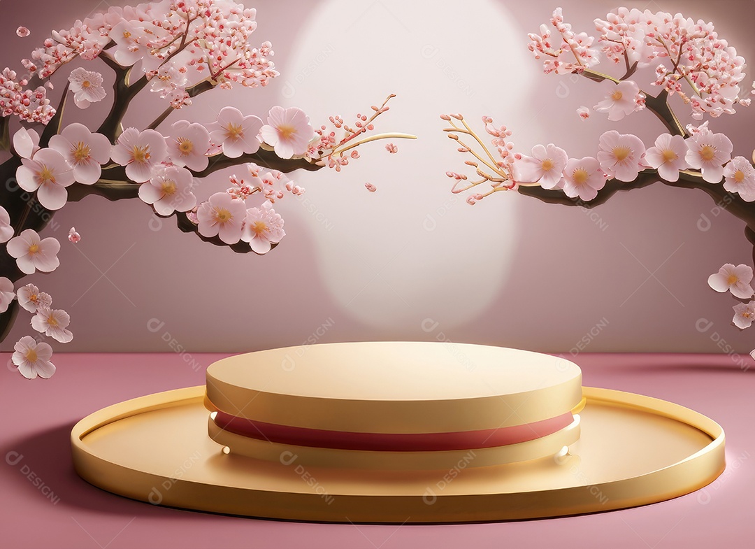 Pódio rosa com fundo de flores