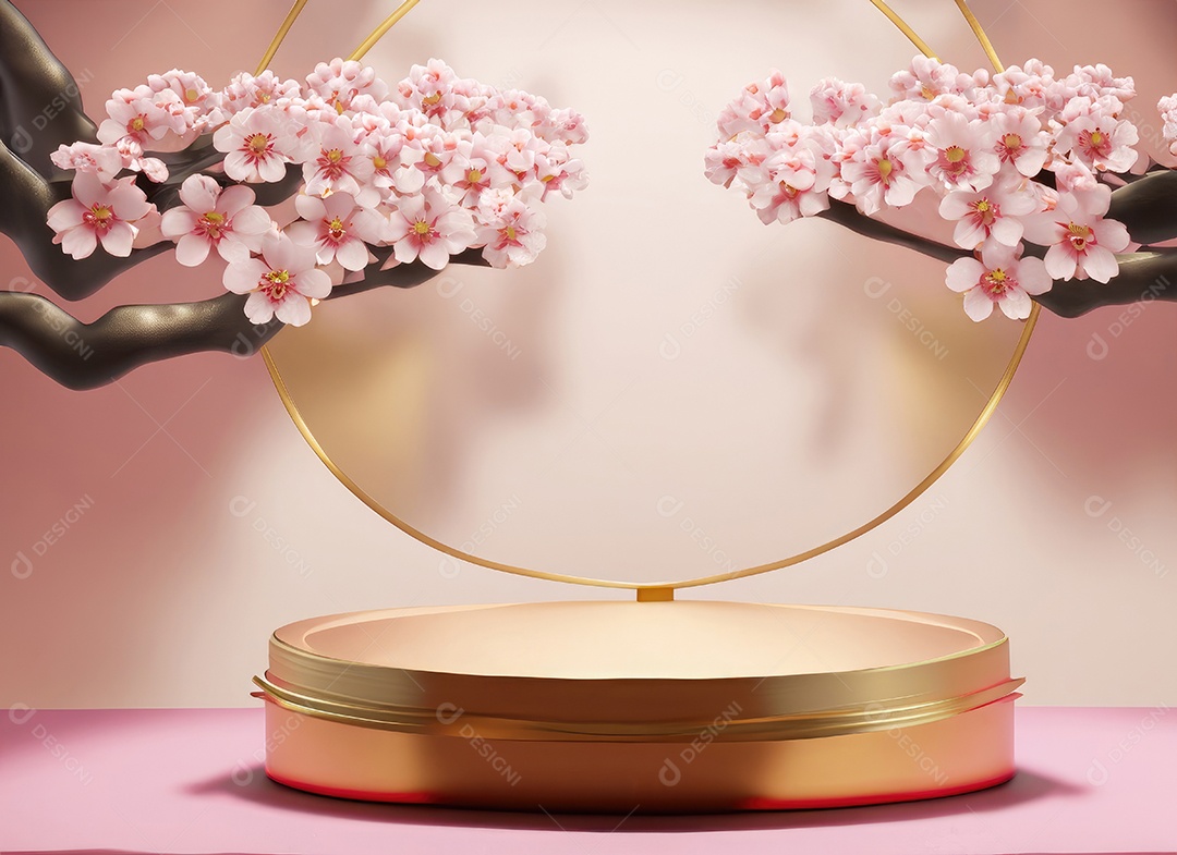 Pódio rosa com fundo de flores