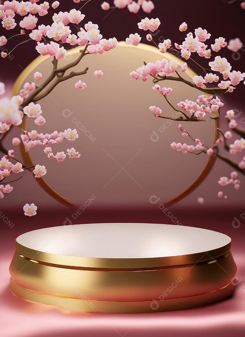 Pódio rosa com fundo de flores