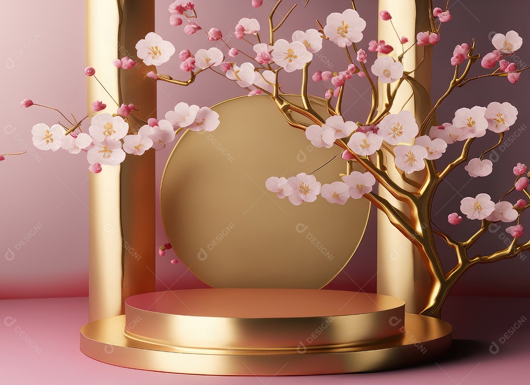 Pódio rosa com fundo de flores