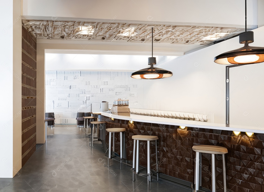 Interior de cafeteria em azulejos brancos e marrons com bar, com espaço para texto