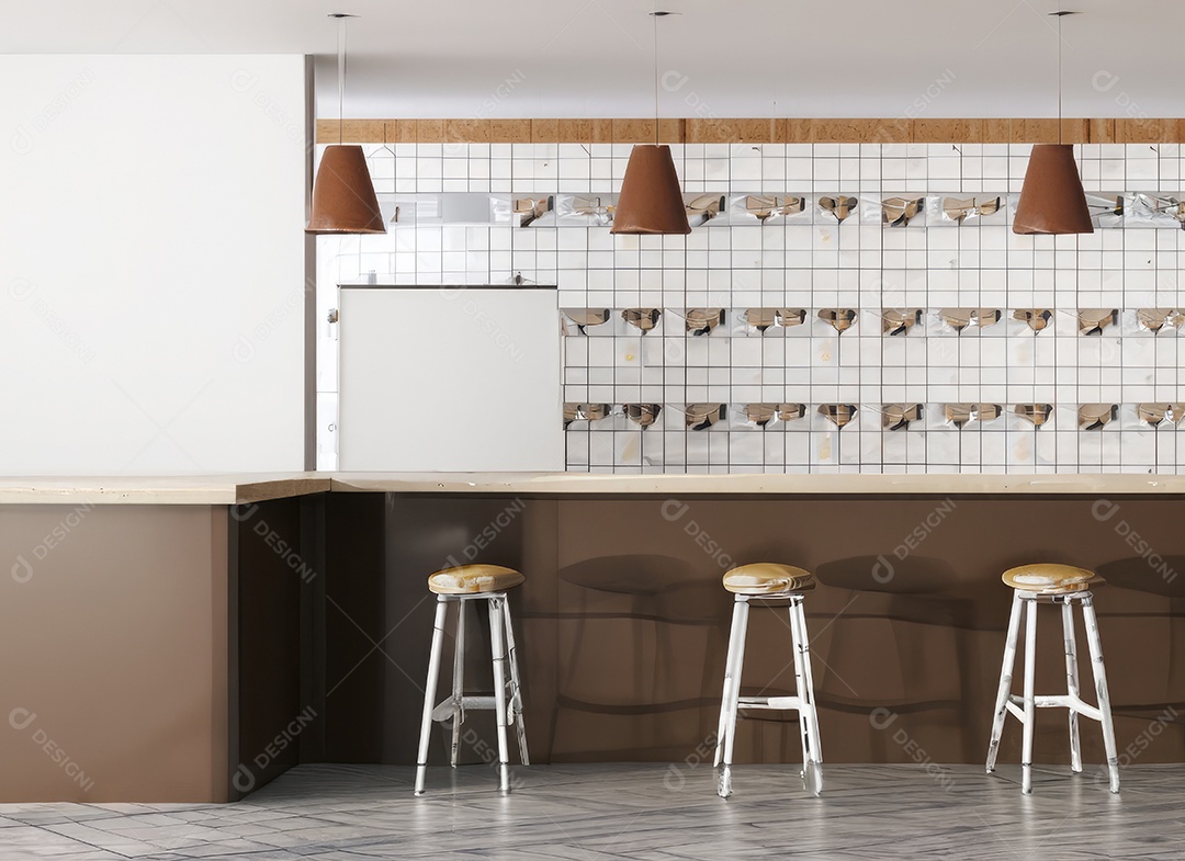 Interior de cafeteria em azulejos brancos e marrons com bar, com espaço para texto