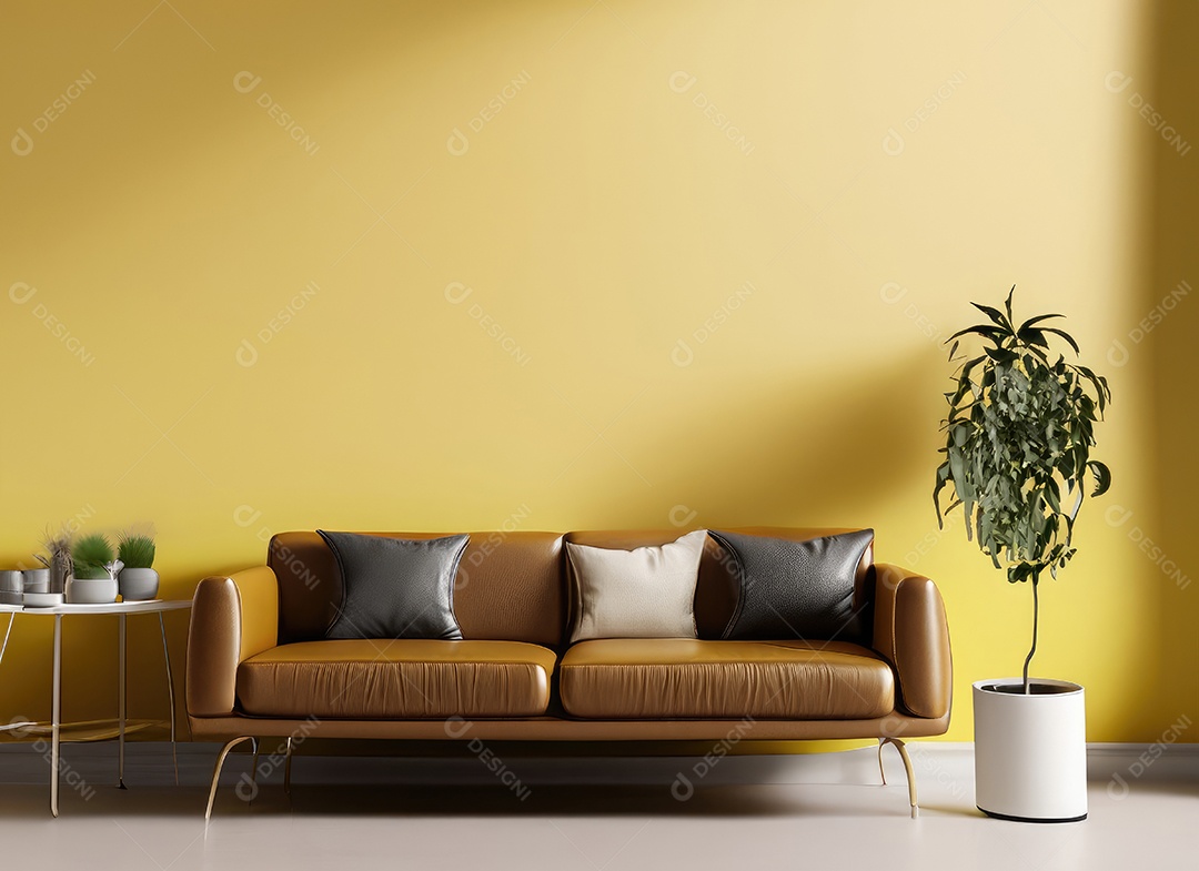 Interior moderno e minimalista da sala de estar com sofá de couro