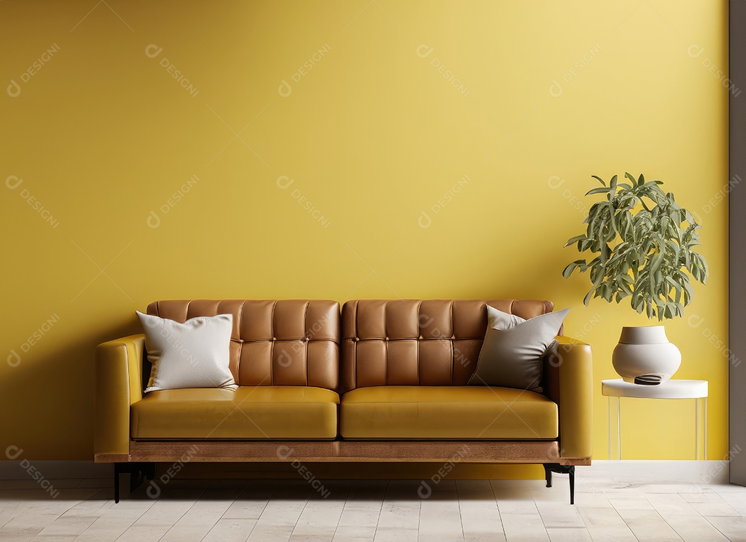 Interior moderno e minimalista da sala de estar com sofá de couro