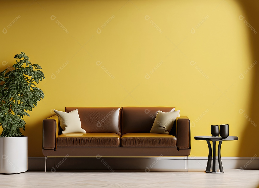 Interior moderno e minimalista da sala de estar com sofá de couro