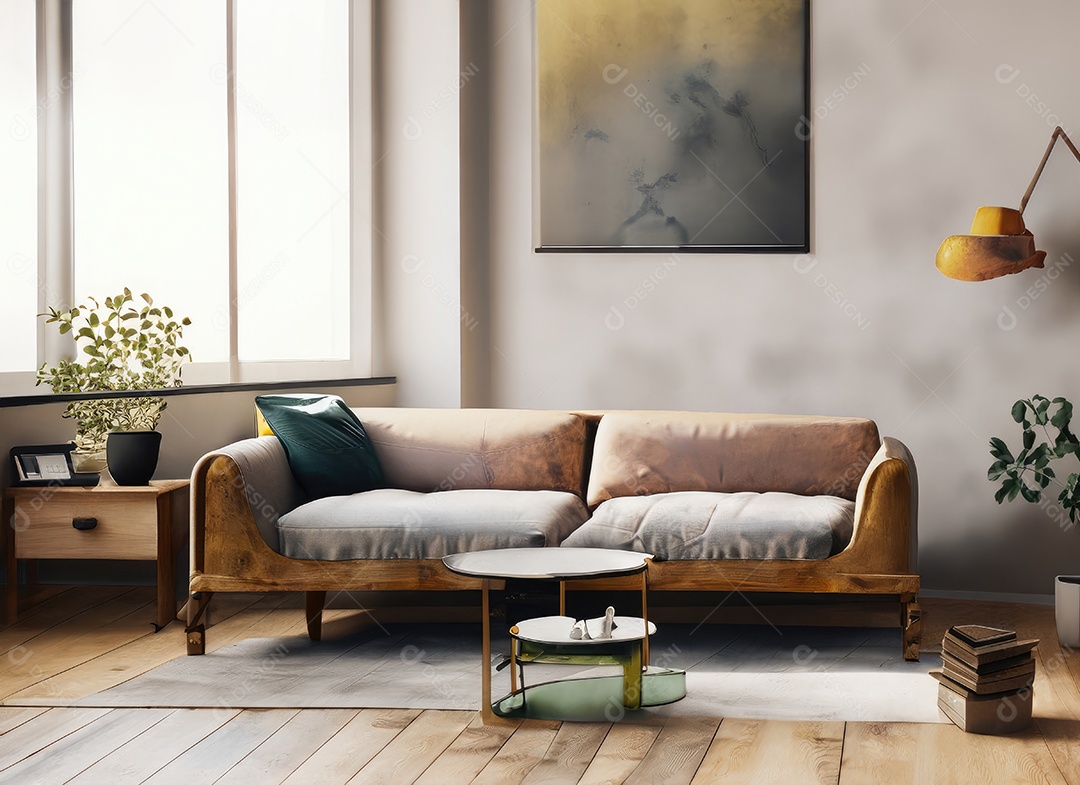 Sala de estar industrial escandinava com sofá vintage e mesa de centro