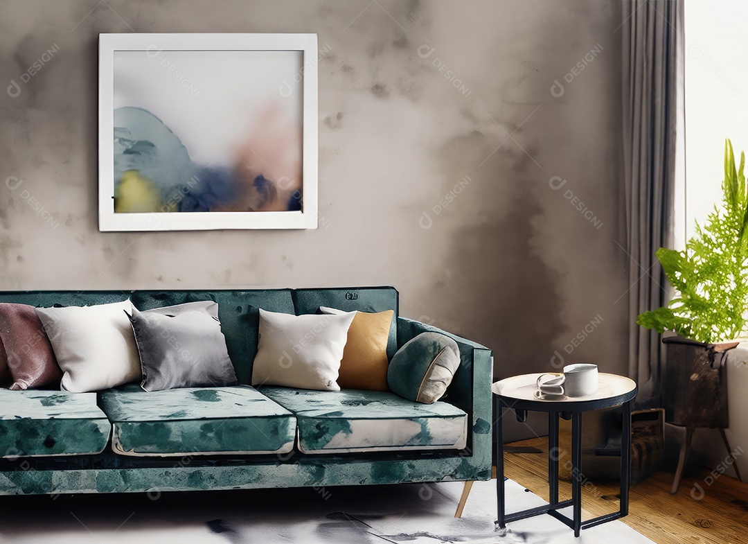 Sala de estar industrial escandinava com sofá vintage e mesa de centro