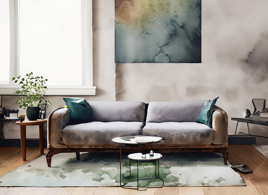 Sala de estar industrial escandinava com sofá vintage e mesa de centro