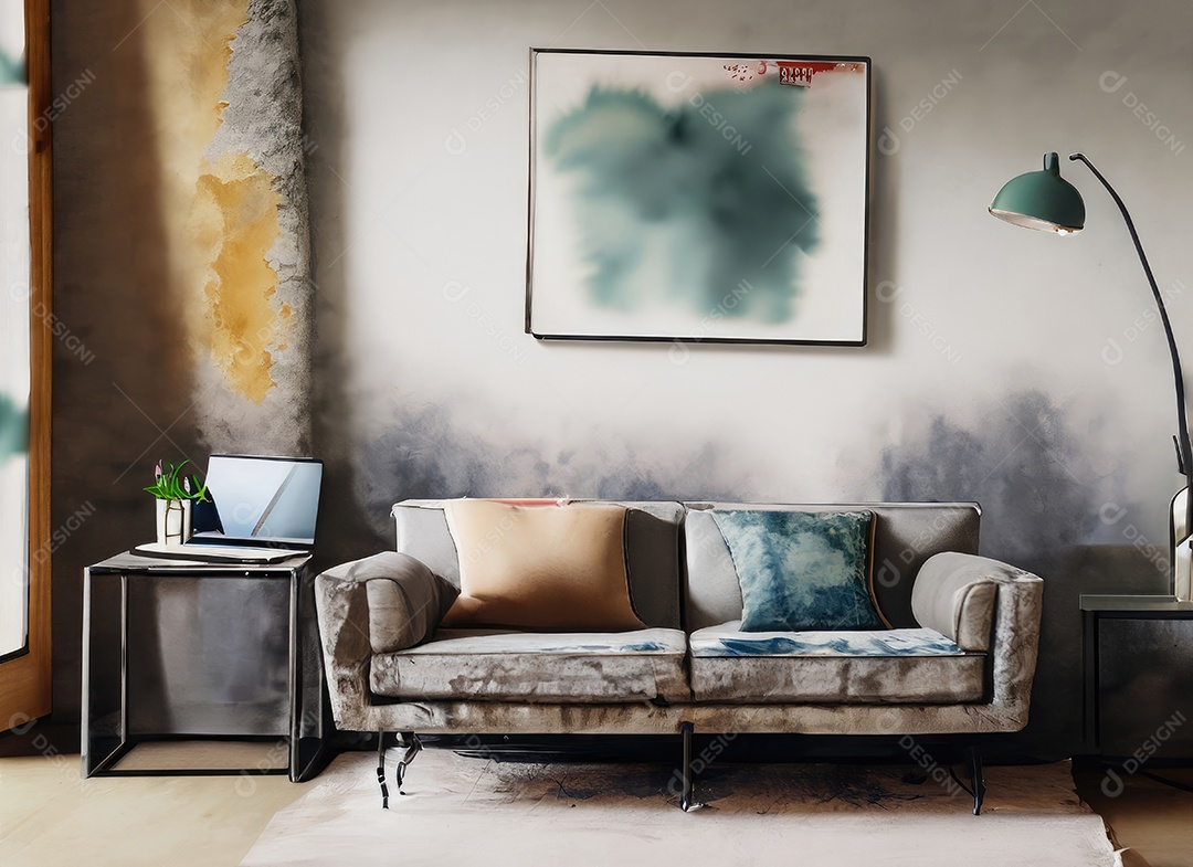 Sala de estar industrial escandinava com sofá vintage e mesa de centro