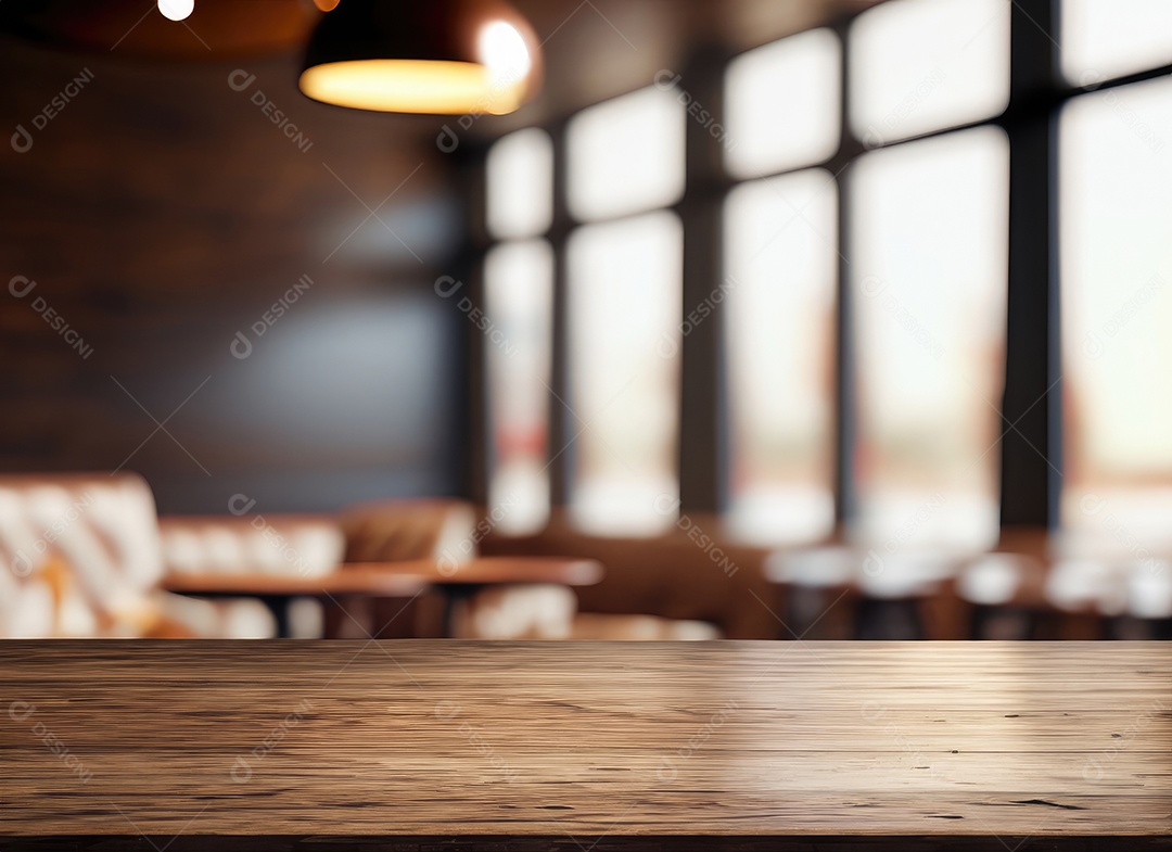 A mesa de madeira escura no café com fundo desfocado