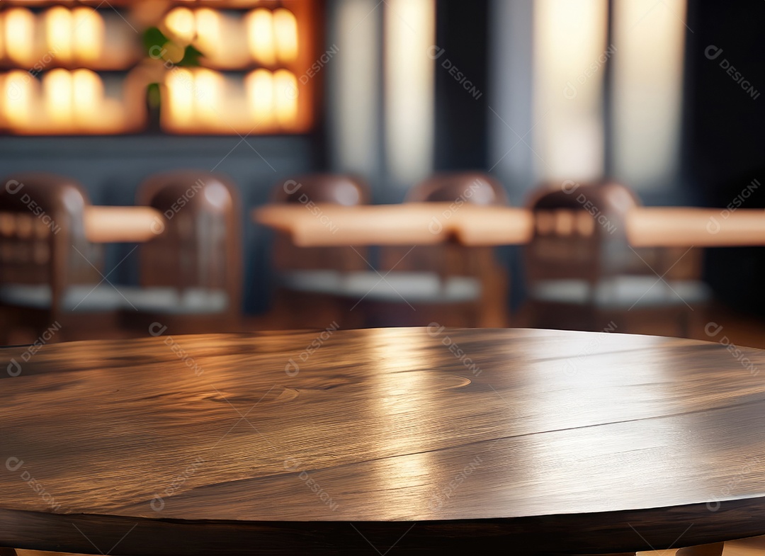 A mesa de madeira escura no café com fundo desfocado