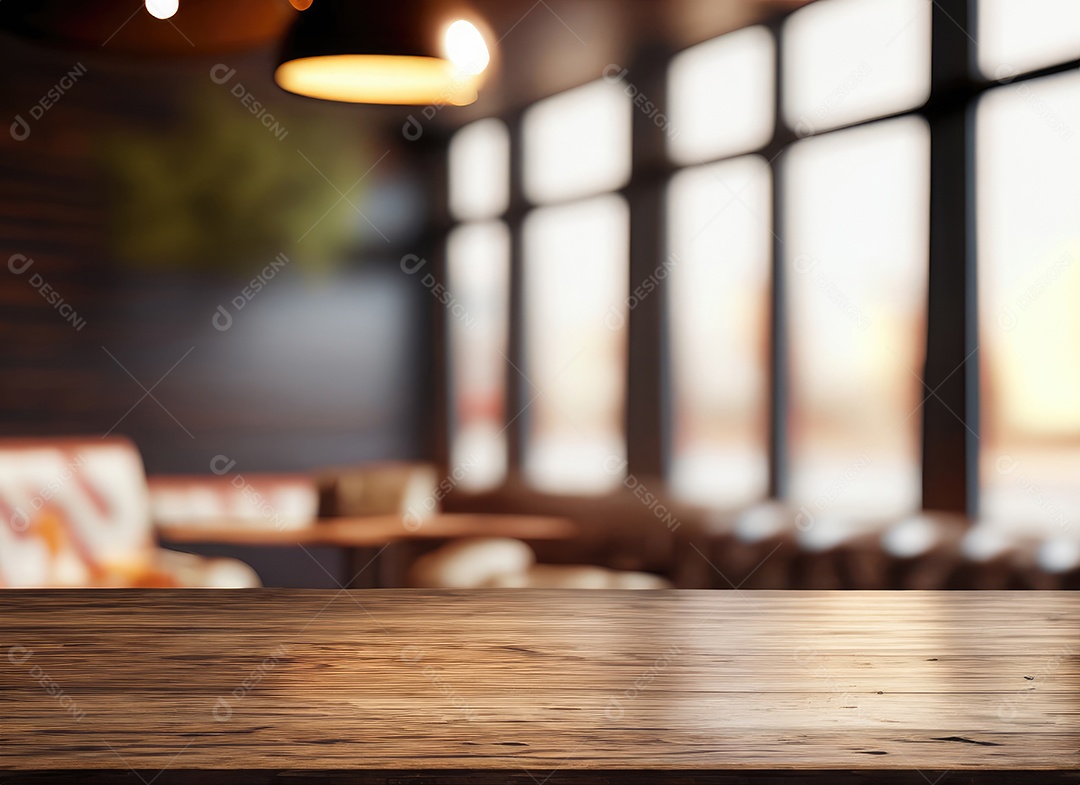 A mesa de madeira escura no café com fundo desfocado