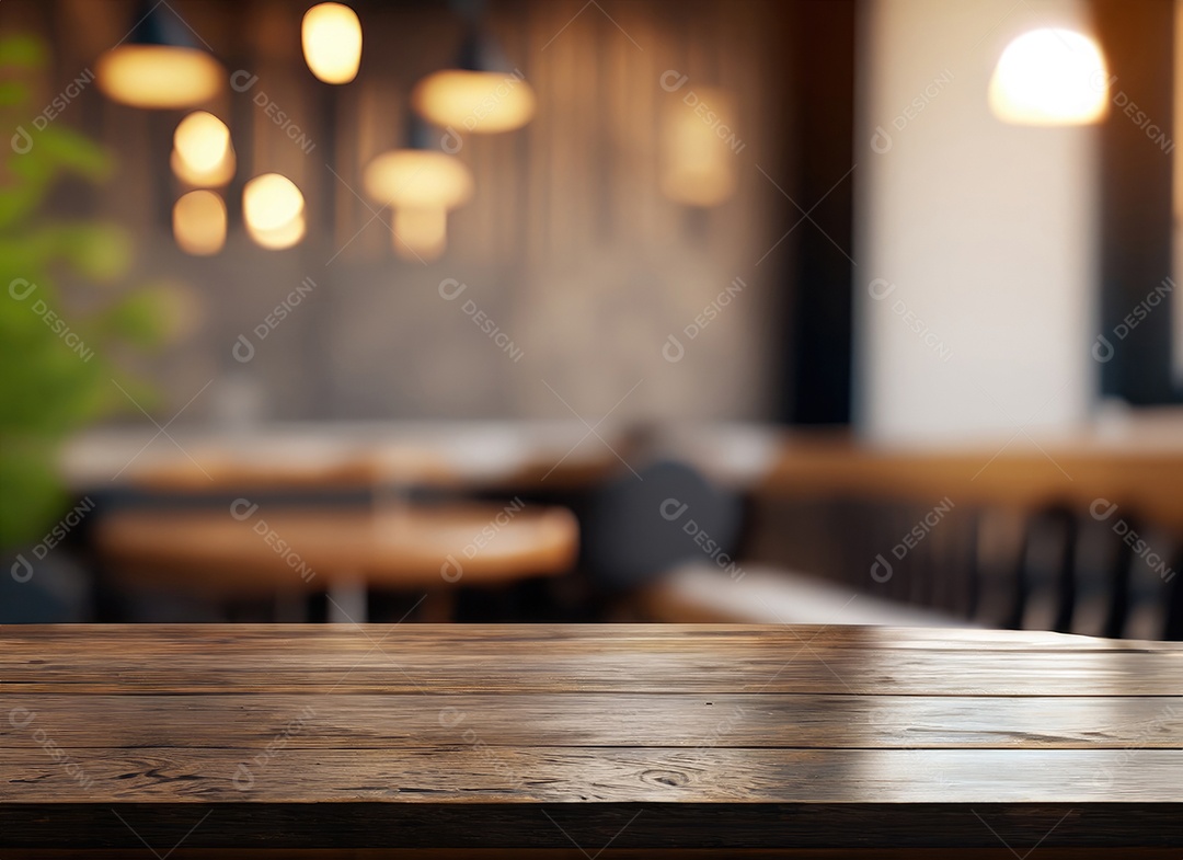 A mesa de madeira escura no café com fundo desfocado