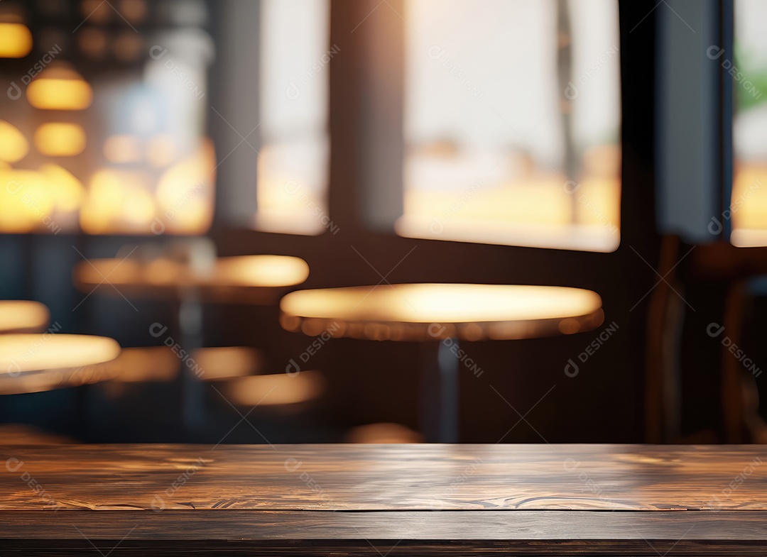 A mesa de madeira escura no café com fundo desfocado