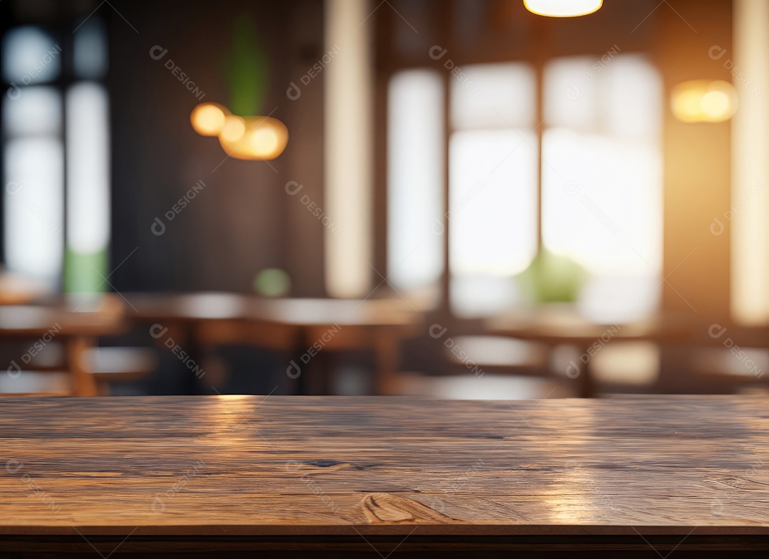 A mesa de madeira escura no café com fundo desfocado