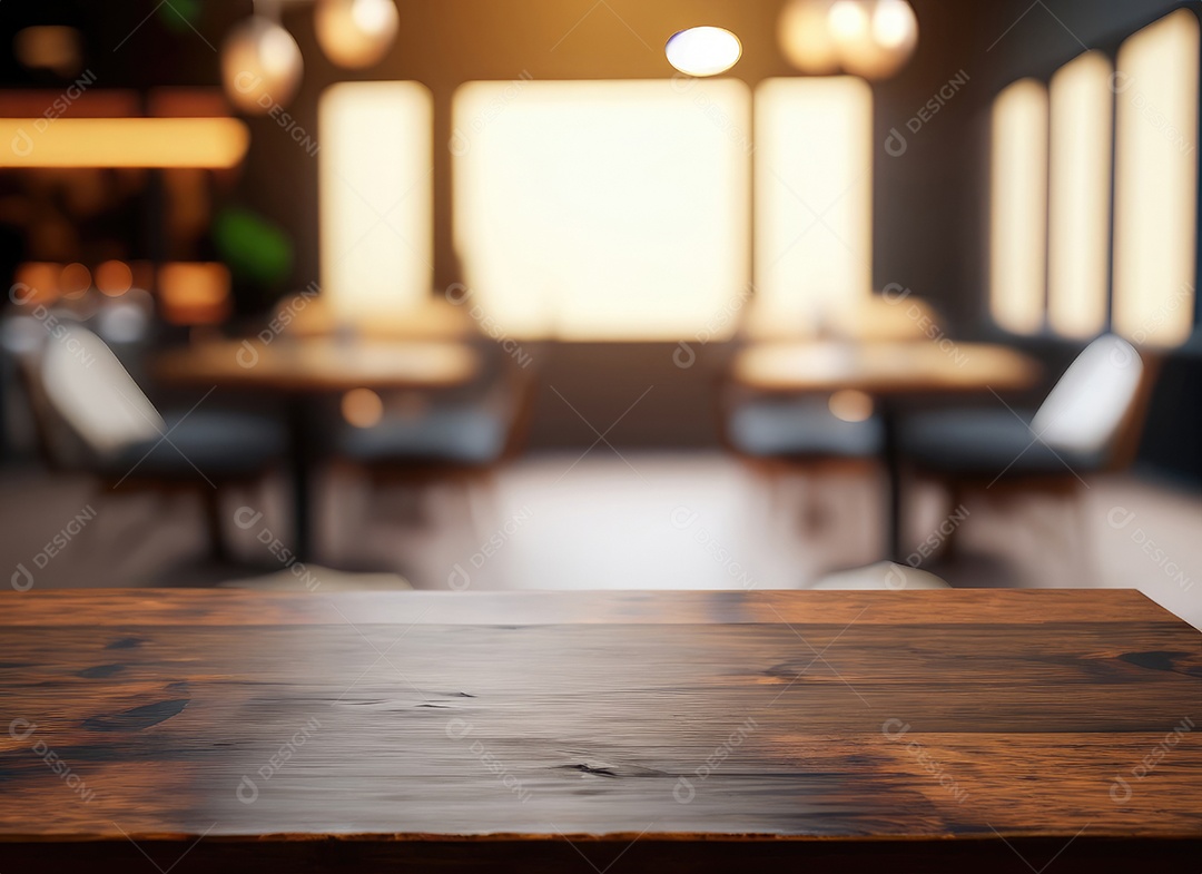 A mesa de madeira escura no café com fundo desfocado