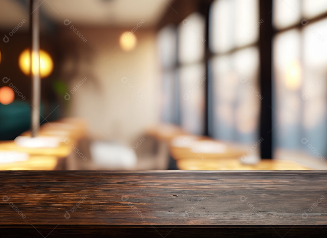 A mesa de madeira escura no café com fundo desfocado com espaço de cópia