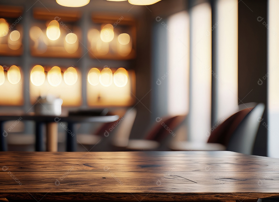 A mesa de madeira escura no café com fundo desfocado com espaço de cópia
