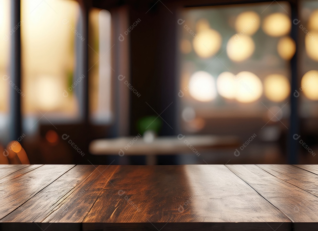 A mesa de madeira escura no café com fundo desfocado com espaço de cópia