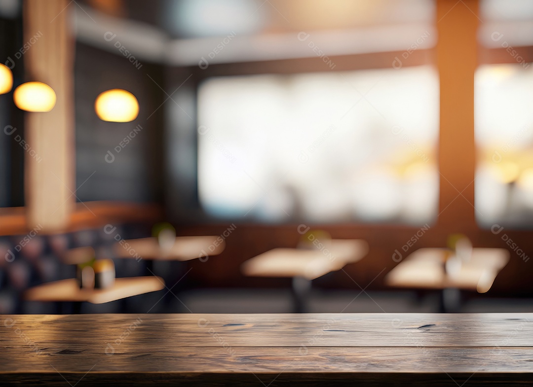 A mesa de madeira escura no café com fundo desfocado com espaço de cópia