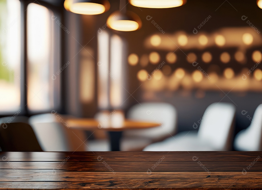 A mesa de madeira escura no café com fundo desfocado com espaço de cópia