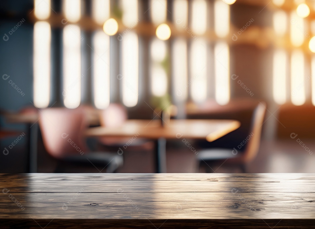 A mesa de madeira escura no café com fundo desfocado com espaço de cópia