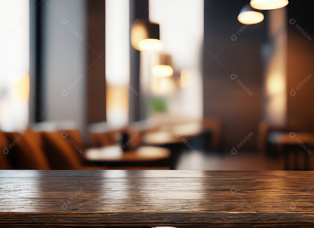 A mesa de madeira escura no café com fundo desfocado com espaço de cópia