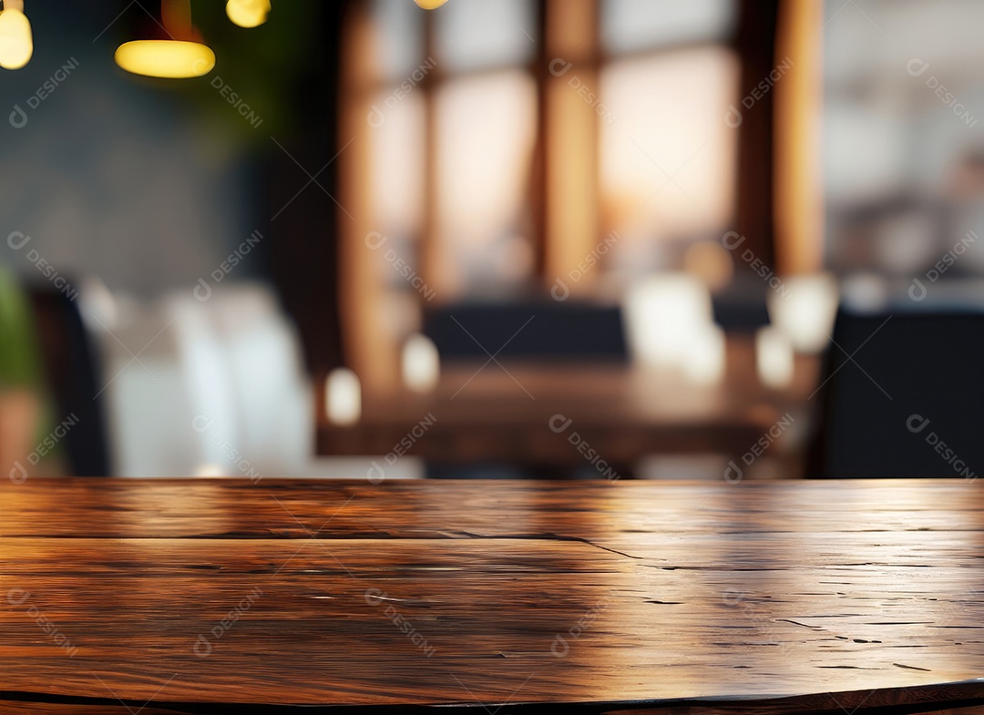 A mesa de madeira escura no café com fundo desfocado com espaço de cópia