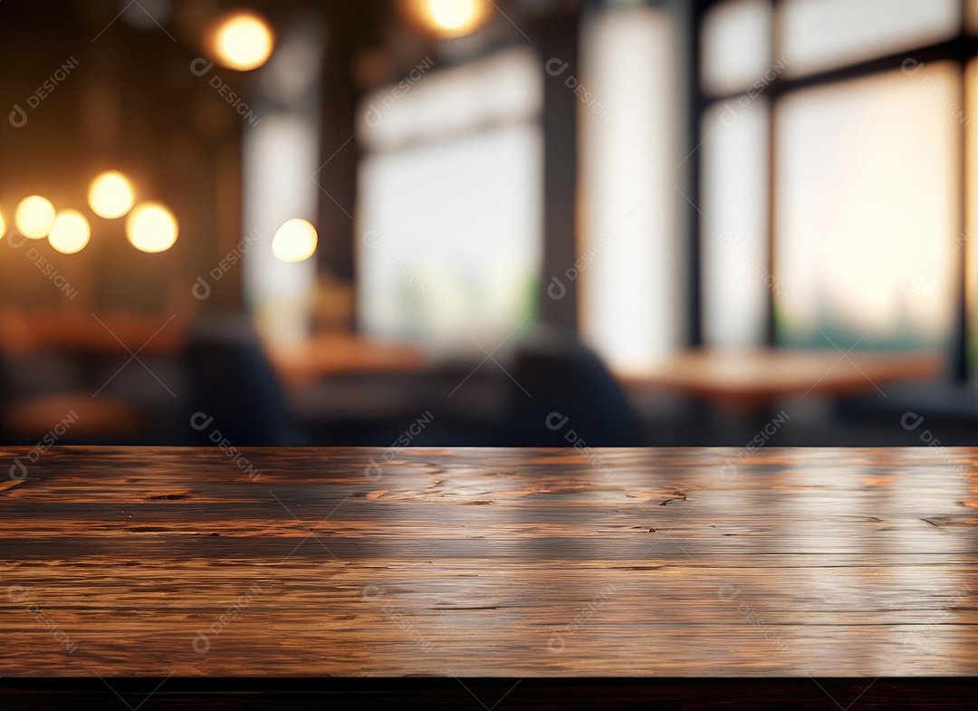 A mesa de madeira escura no café com fundo desfocado com espaço de cópia