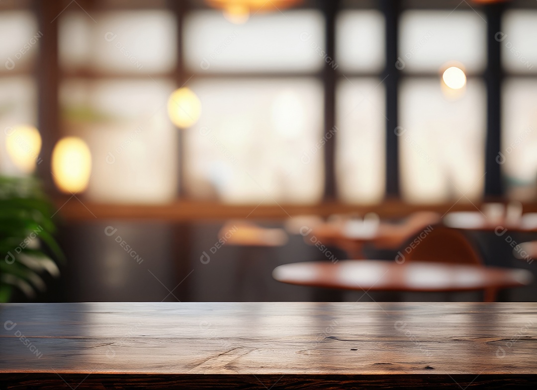 A mesa de madeira escura no café com fundo desfocado com espaço de cópia