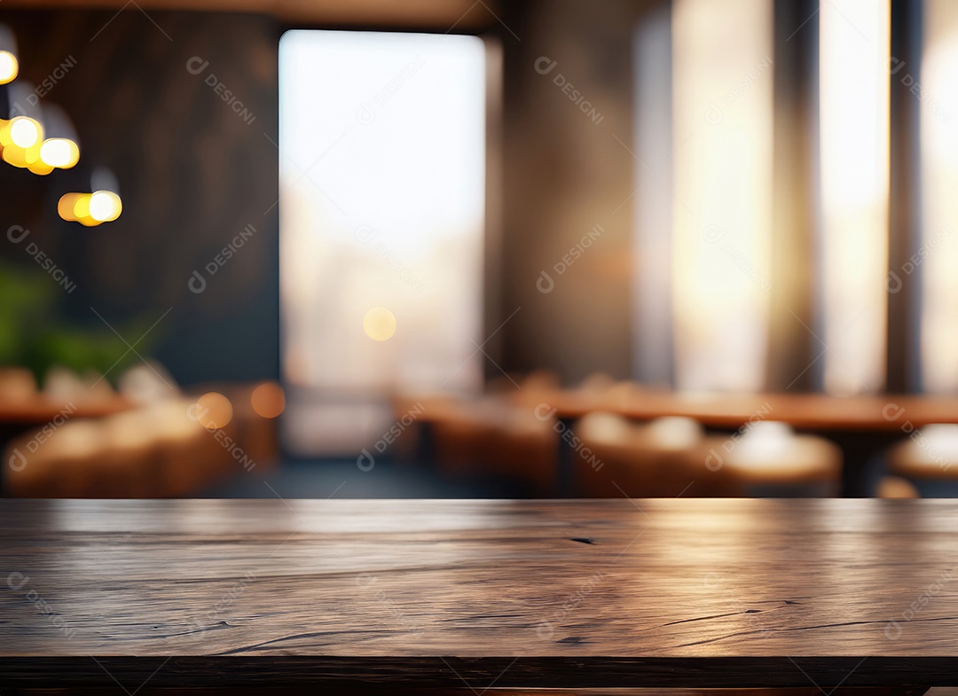 A mesa de madeira escura no café com fundo desfocado com espaço de cópia